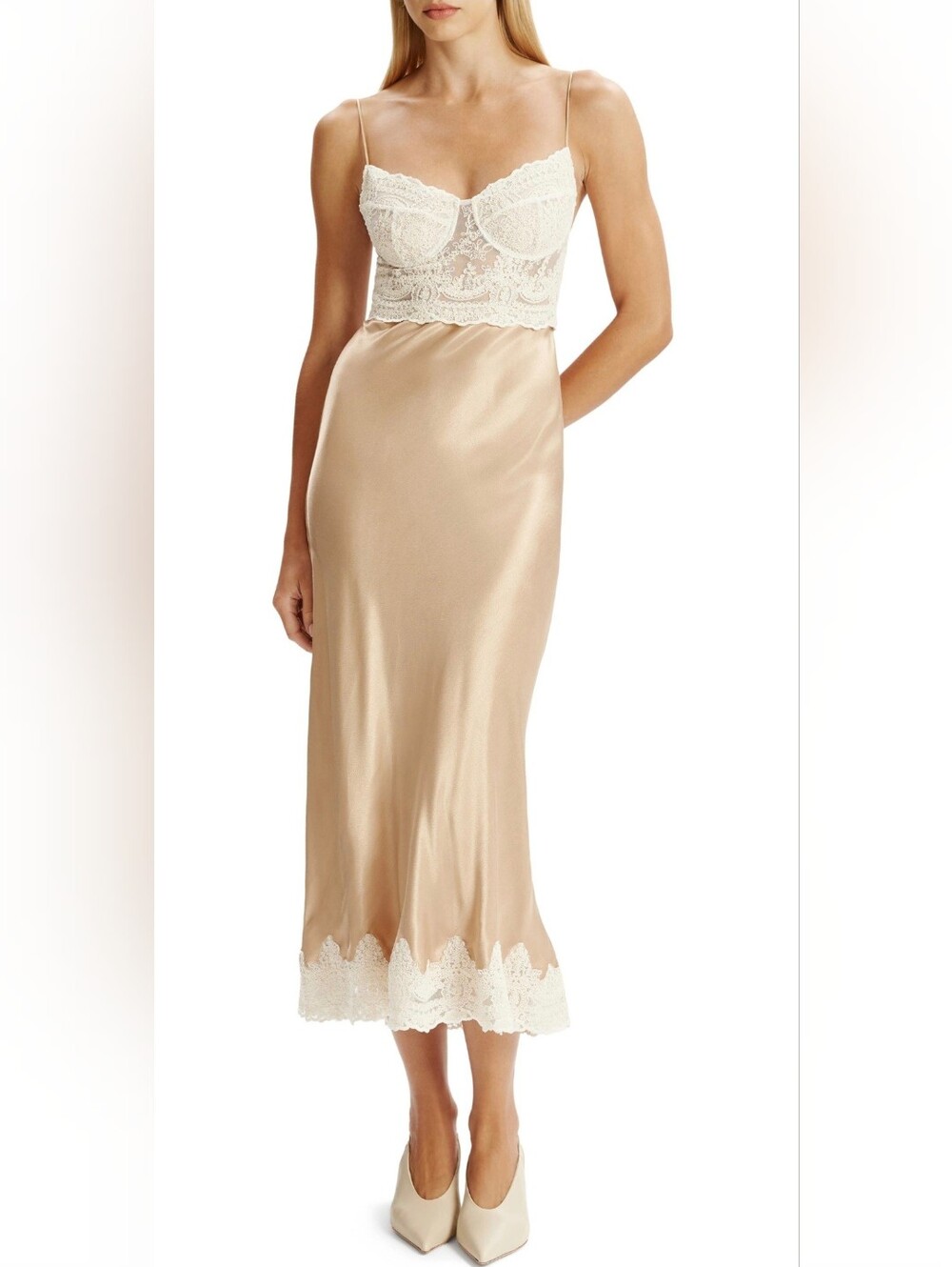 Bardot Tzariana Satin Lace Corset Midi Slip Dress Homecoming Champagne Gold